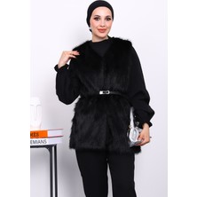 İmaj Butik Siyah Kemerli Astarlı Kürk Yelek