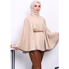 İmaj Butik Vizon Hakim Yaka Bel Kemerli Panço İnce Kaşe Kumaş Kadınlar İçin Şık Tasarım