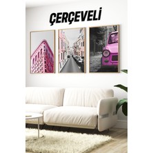 KutuTR 🌆 Pembe Tonlarda Retro Şehir Manzaralı 3’lü Çerçeveli Tablo Seti (3 Ebat Seçeneğiyle) 🌆 CRV1175 23 x 32