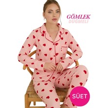 Bie's Kadın Pembe Gömlek Yaka Önden Düğmeli Saten Biyeli Göğüs Cepli İnce Süet Kışlık Uzun Kol Pijama Takımı