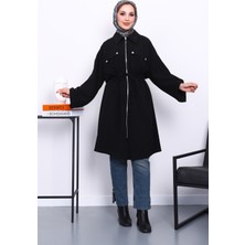 İmaj Butik Siyah Bel Kuşaklı Çift Cepli Gabria Kap