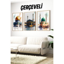 KutuTR Kudüs, Kâbe ve Mescid-I Nebevi Temalı 3’lü Çerçeveli Tablo Seti🌿 CRV1182 32 x 42