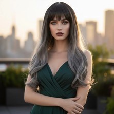 Marsilyan Kahküllü Uzun Dalgalı Fiber Sentetik Peruk - Siyah Gri Ombreli