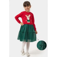 Name Baby & Kids Kız Çocuk Happy New Year Geyik Baskılı Yeniyıl Elbisesi NBK-24916