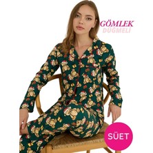 Seamlife Kadın Gömlek Yaka Önden Düğmeli Saten Biyeli Göğüs Cepli Ince Süet Kışlık Uzun Kol Pijama Takımı