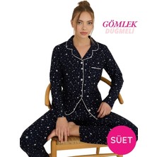 Seamlife Kadın Gömlek Yaka Önden Düğmeli Saten Biyeli Göğüs Cepli Ince Süet Kışlık Uzun Kol Pijama Takımı