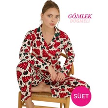 Seamlife Kadın Gömlek Yaka Önden Düğmeli Saten Biyeli Göğüs Cepli Ince Süet Kışlık Uzun Kol Pijama Takımı