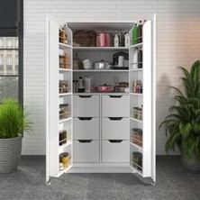 90 Derece Açılabilir 2 Kapaklı, 6 Çekmeceli, Kavanoz Raflı Kiler ve Erzak Mutfak Dolabı