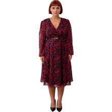 Ersefa Kadın Bordo Çiçek Desenli Kruvaze Midi Boy Şifon Elbise Balon Kol V Yaka Ilkbahar Sonbahar