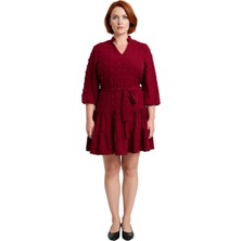 Ersefa Kadınlar Için Konforlu A Line Bordo Dokuma Dokulu V Yaka Mini Elbise Ilkbahar ve Sonbahar.