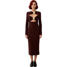 Ersefa Kadın Fashion Forward Kahverengi Bodycone Uzun Kollu Sandy Örme Elbise Kokteyl Partiler Için Ideal