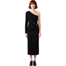 Ersefa Kadın Şık Tek Omuz Asimetrik Yaka Uzun Kol Bodycon Örme Maxi Elbise Aksesuar Detaylı Astarlı