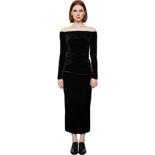 Ersefa Kadın Carmen Yaka Bodycon Siyah Kadife Midi Elbise Uzun Kollu Şık Davetler Için Zarafet Sunar
