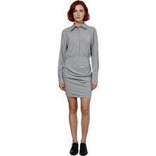 Ersefa Kadın Çizgili Gömlek Yaka Uzun Kollu Dokuma Drape Detaylı Günlük Şık Mini Elbise Stili