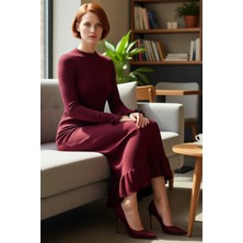 FRM Kadın Düz Desen Bej Ribana Triko Maxi Elbise Eteği Fırfırlı Uzun Kol Konforlu Stil Kaliteli