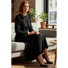 FRM Kadın Zarif Balık Siluet Aerobin Dokuma Uzun Kollu Maxi Boy Bisiklet Yaka Fiyonklu Elbise Kaliteli