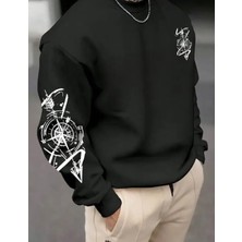 Amor Man Büyük Beden Özel Tasarım Pusula Kol Göğüs Baskılı %100 Pamuk Oversize Trend Erkek Sweatshırt