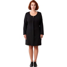 Ersefa Şık Kadın Büyük Beden Siyah Dokuma Havuz Yaka Düz Desenli Uzun Kol Mini Elbise Iş Ortamı Için