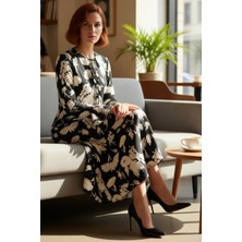 FRM Kadın Modern Çiçekli A Line Maxi Dokuma Bisiklet Yaka Uzun Ispanyol Kol Günlük Elbise Kaliteli