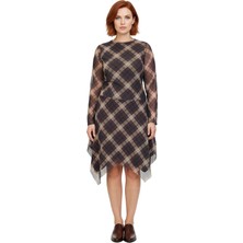 Ersefa Kadın Örme Tül Ekose Desenli Asimetrik Kesim Midi Boy Uzun Kollu Elbise Ilkbahar Sonbahar Şıklığı