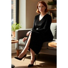 FRM Kadınlara Özel Şık Siyah Kadife Midi Boy Işıltılı Kruvaze Yaka Uzun Kollu Büyük Beden Parti Elbisesi