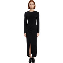 Ersefa Kadınlara Özel Bisiklet Yaka Uzun Kol Drapeli Bodycon Maxi Elbise Kış Akşamları Için Ideal