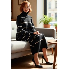 FRM Kadın Uzun Kollu Balıkçı Yaka Çizgili Triko Midi Elbise Shift Kalıbı Ile Konfor Sunuyor Kaliteli