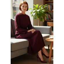 FRM Kadın Triko Ribana Dokulu Maxi Elbise Düşük Kol Uzun Boy Kuşak Detaylı Kış Sezonu Rahat Giyim