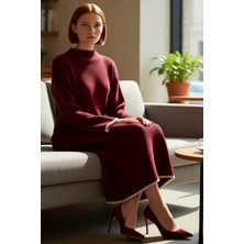 FRM Kadın Düz Renk Dik Yaka Uzun Kollu Triko Elbise Shift Kalıp Çoban Dikiş Detaylı Kışlık Maxi