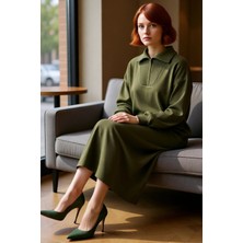 FRM Kadın Akrilik Triko Maxi Elbise Fermuarlı Dik Yaka Uzun Kollu Kış Günleri Için Ideal Seçenek