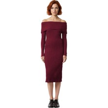 Ersefa Kadınların Şık Gündüz Gece Kombinleri Için Ideal Carmen Yaka Midi Boy Triko Elbise Kaliteli