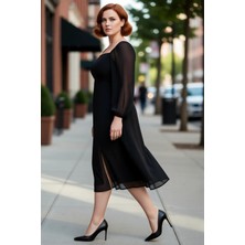 PayBuy Kadın Büyük Beden Kare Yaka Balon Kollu A Kesim Yırtmaç Detaylı Midi Şifon Elbise Zarif Stil