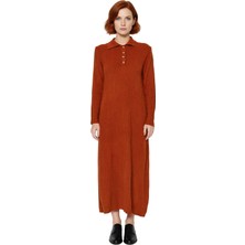 Ersefa Kadın Maxi Triko Elbise Polo Yaka Uzun Kollu Yarım Patlı A Line Ribana Düz Desen Şık Günlük Kış Için