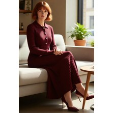 FRM Kadın Standart Kol %100 Akrilik A Line Maxi Triko Elbise Polo Yaka ve Metal Düğmeli Tesettür Modası