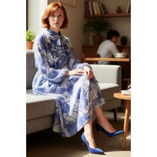 FRM Kadın Modern Ramazan Koleksiyonu Mavi A Kesim Astarlı Şifon Maxi Elbise Uzun Balon Kol Kaliteli