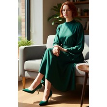 FRM Kadın Polyester Dokuma Maxi Elbise Dik Yaka Kuşaklı Ispanyol Kollu Skater Kesim Günlük Kullanım