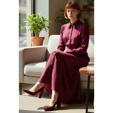 FRM Kadın Full Düğmeli Uzun Kollu Gömlek Yaka Düz Dokuma Skater Kalıp Viskoz Maxi Elbise Casual