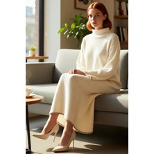 FRM Kadın Düz Renk Dik Yaka Uzun Kollu Triko Elbise Shift Kalıp Çoban Dikiş Detaylı Kışlık Maxi