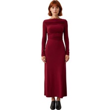 Ersefa Kadın Midi Boy Kayık Yaka Bodycon Elbise Standart Kollu Büzgülü Düz Örme Kumaş Her Ortama Uygun