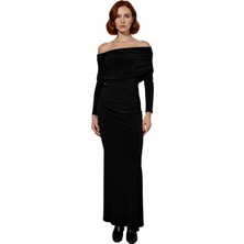Ersefa Kadın Şık Bodycon Kahverengi Uzun Kol Maxi Elbise Carmen Yaka ile Gece Davetleri Için Kaliteli