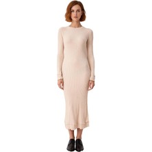 Ersefa Kadın Şık ve Konforlu Fitilli Triko Elbise Dik Yaka Uzun Kol Midi Boy Modern Günlük Stil Kaliteli