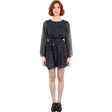 Ersefa Kadın Şifon Patchwork Mini Elbise Ilkbahar Sonbahar Modası Bisiklet Yaka Skater Kalıp Uzun Kollu