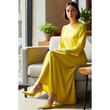 FRM Kadın Casual Düz Desen Bisiklet Yaka Astarsız Dokuma Balon Kol Maxi Elbise Zarif ve Konforlu