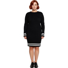 Ersefa Kadın Bodycon Fitilli Triko Kazak Elbise Bisiklet Yaka Uzun Kol Çizgili Detaylar ile Şık Görünüm