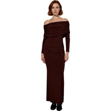 Ersefa Kadın Şık Bodycon Kahverengi Uzun Kol Maxi Elbise Carmen Yaka ile Gece Davetleri Için Kaliteli