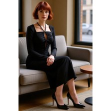 FRM Kadın Sandy Dokuma Uzun Kollu Bodycone Maxi Elbise Kare Yaka Dekoltesiyle Göz Kamaştırır Kaliteli