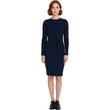 Ersefa Kadın Düz Desen Akrilik Triko Midi Elbise Kuşaklı Uzun Kollu Rahat Bodycon Kesim Ilkbahar Sonbahar