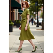 PayBuy Kadın Gofre Dokuma Midi Boy Kısa Kollu Gömlek Elbise Modern Şıklık ve Rahatlık Sunar Kaliteli