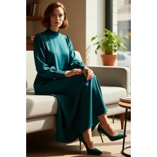 FRM Kadın A Line Düz Desen Maxi Dokuma Elbise Dik Yaka Tasarımıyla Soğuk Havalara Özel Şıklık Kaliteli