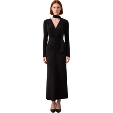 Ersefa Kadın Fashion Forward Bodycon Kesim V Yaka Kuşak Detaylı Maxi Elbise Kış Şık Ortamlar Için